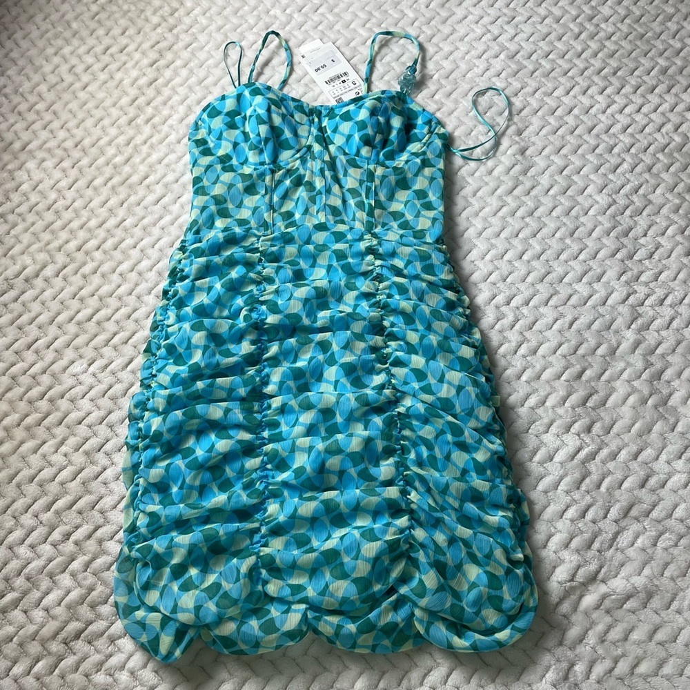 Zara DRAPED PRINTED CORSET DRESS blue Green Mini New S